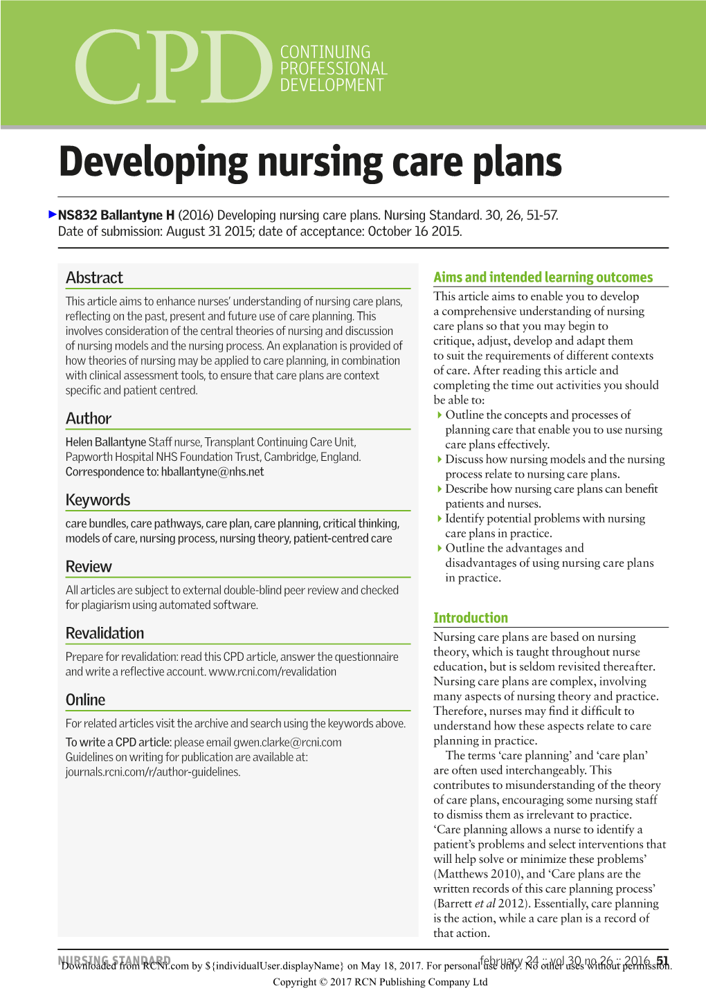 Developing Nursing Care Plans