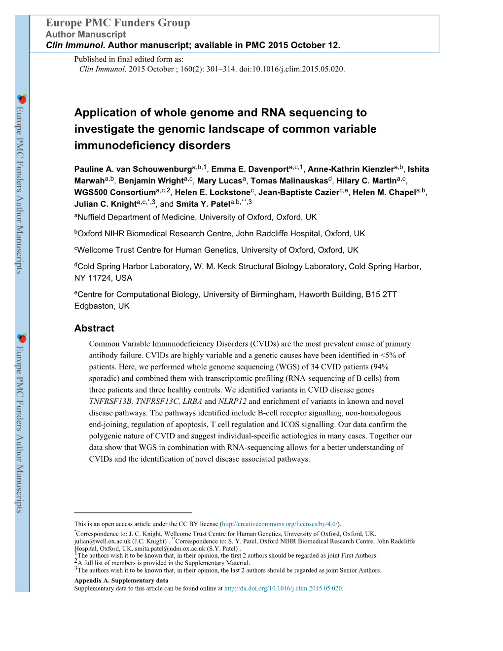 Application of Whole Genome and RNA Sequencing to Investigate the Genomic Landscape of Common Variable Immunodeficiency Disorders