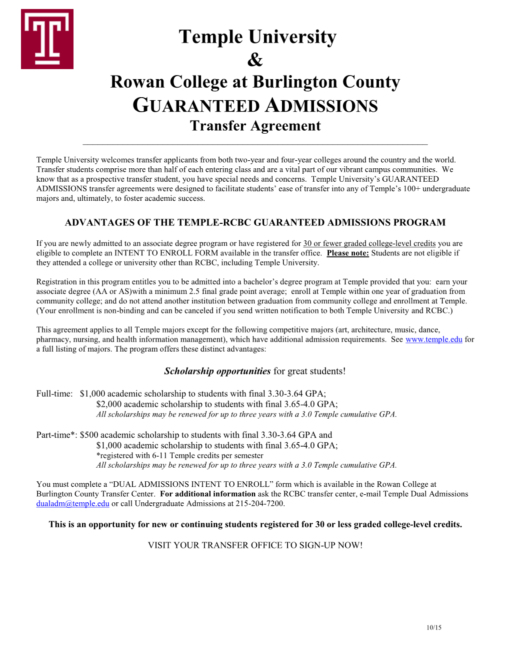 Rowan College at Burlington County GUARANTEED ADMISSIONS Transfer Agreement ______