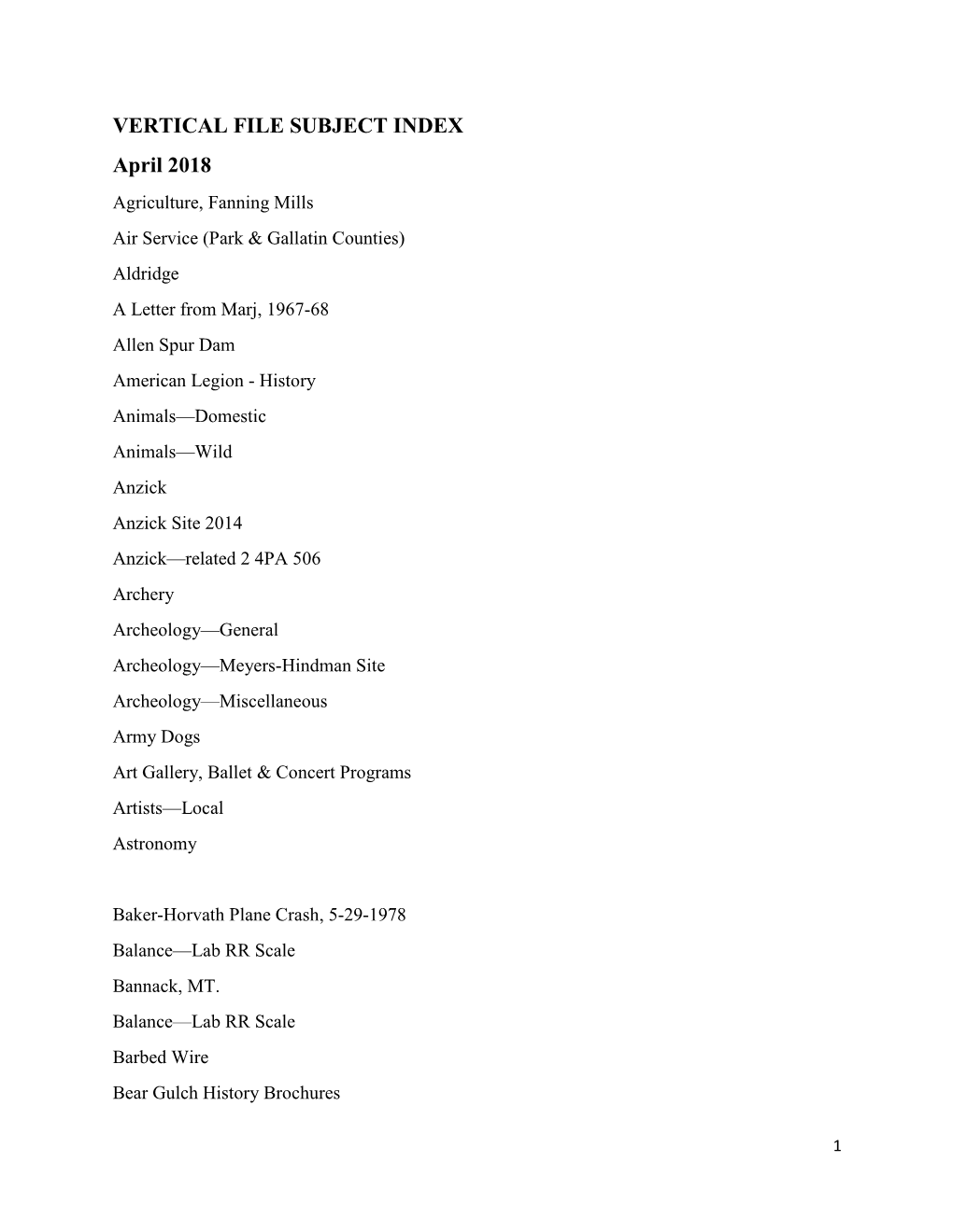 VERTICAL FILE SUBJECT INDEX April 2018