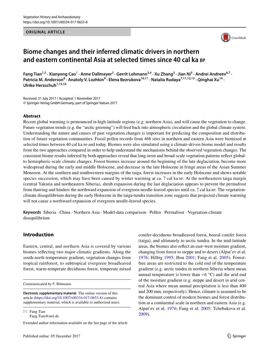 Biome Changes and Their Inferred Climatic Drivers in Northern and Eastern Continental Asia at Selected Times Since 40 Cal Ka Bp