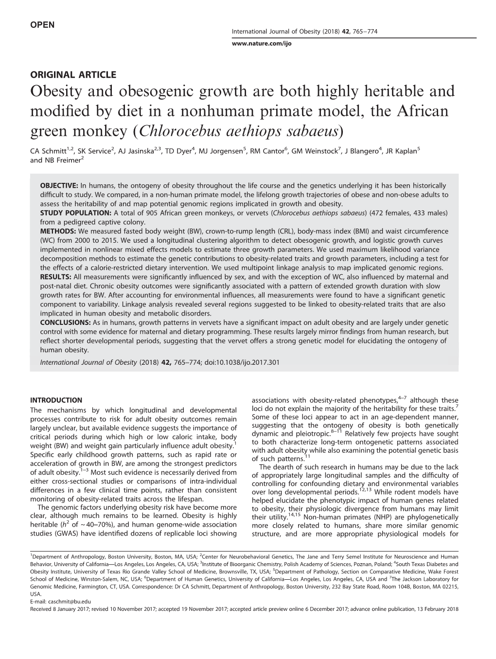 Obesity and Obesogenic Growth Are Both Highly Heritable and Modified by Diet in a Nonhuman Primate Model, the African Green Monk