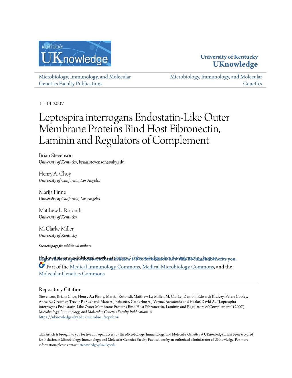 Leptospira Interrogans Endostatin-Like
