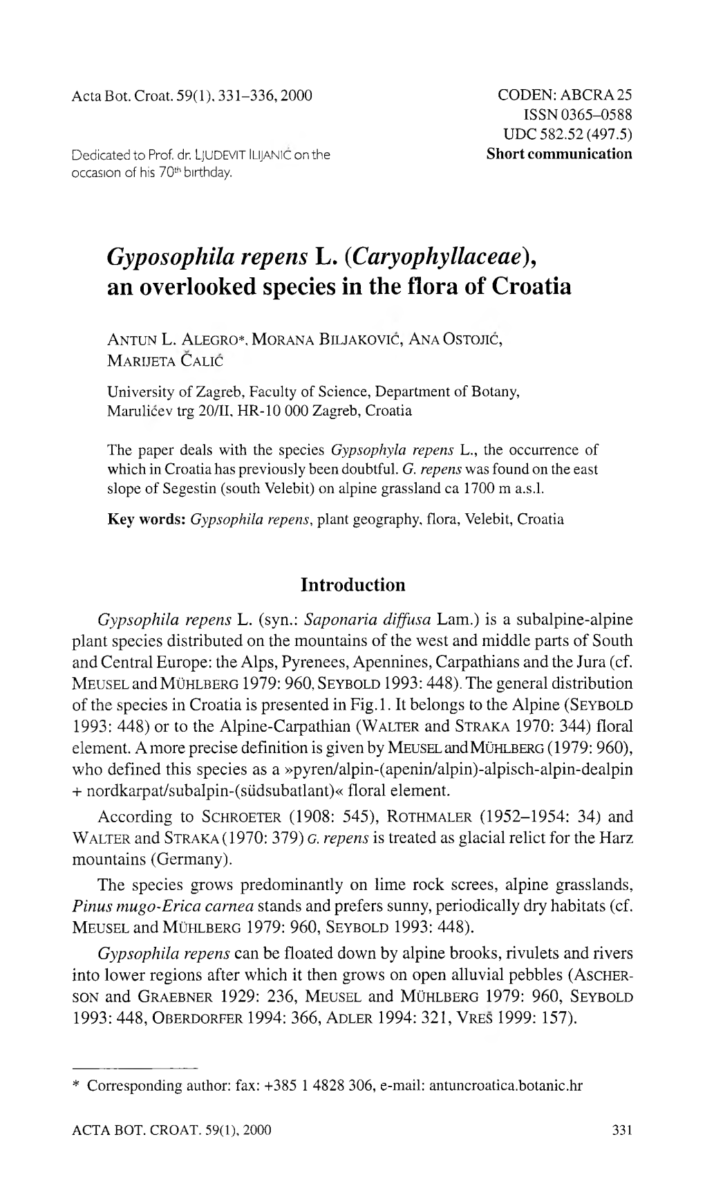 Gyposophila Repens L. (Caryophyllaceae), an Overlooked Species in the Flora of Croatia