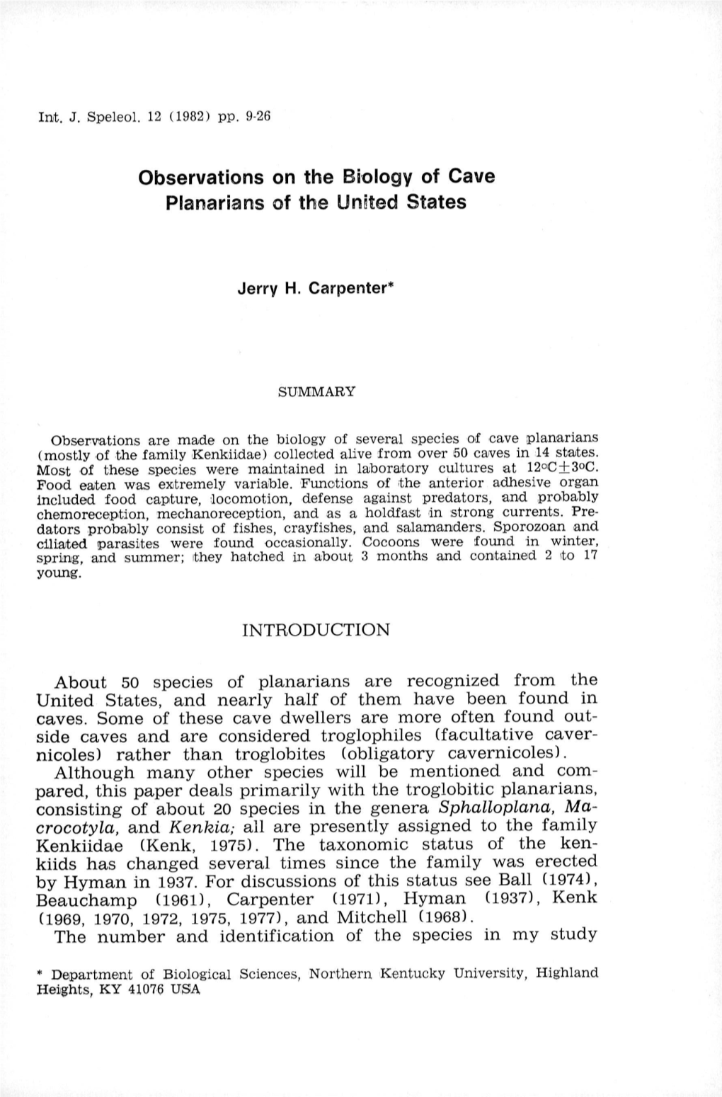 Observations on the Biology of Cave Planarians of the United States