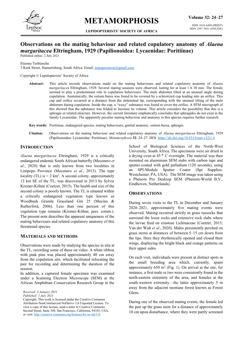 Metamorphosis Issn 1018–6490 (Print) Issn 2307–5031 (Online) Lepidopterists’ Society of Africa