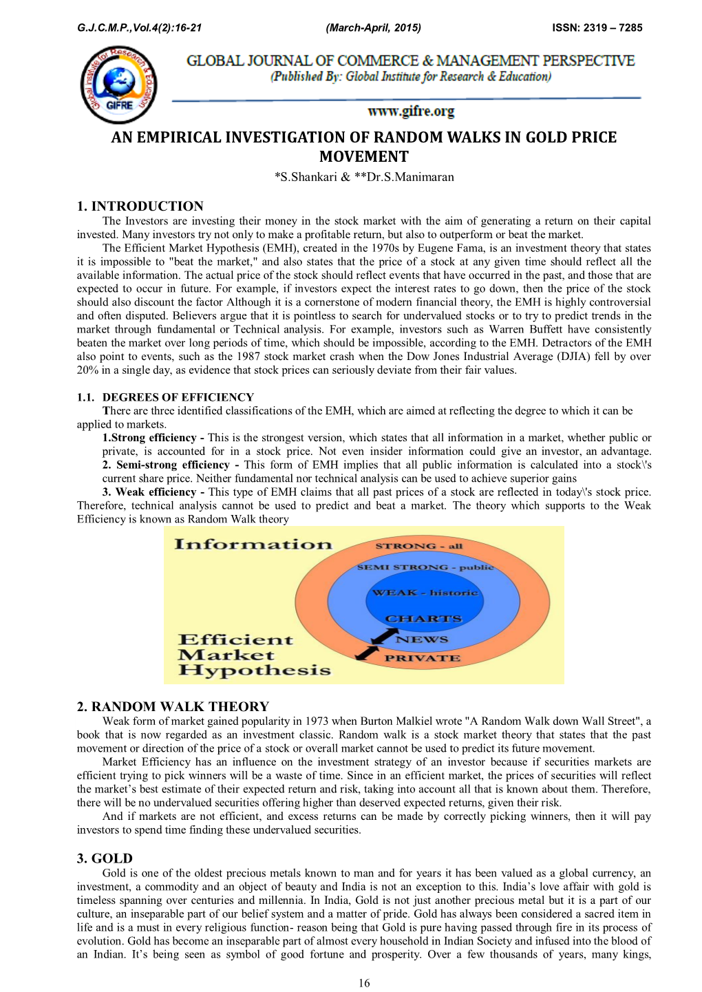 AN EMPIRICAL INVESTIGATION of RANDOM WALKS in GOLD PRICE MOVEMENT *S.Shankari & **Dr.S.Manimaran