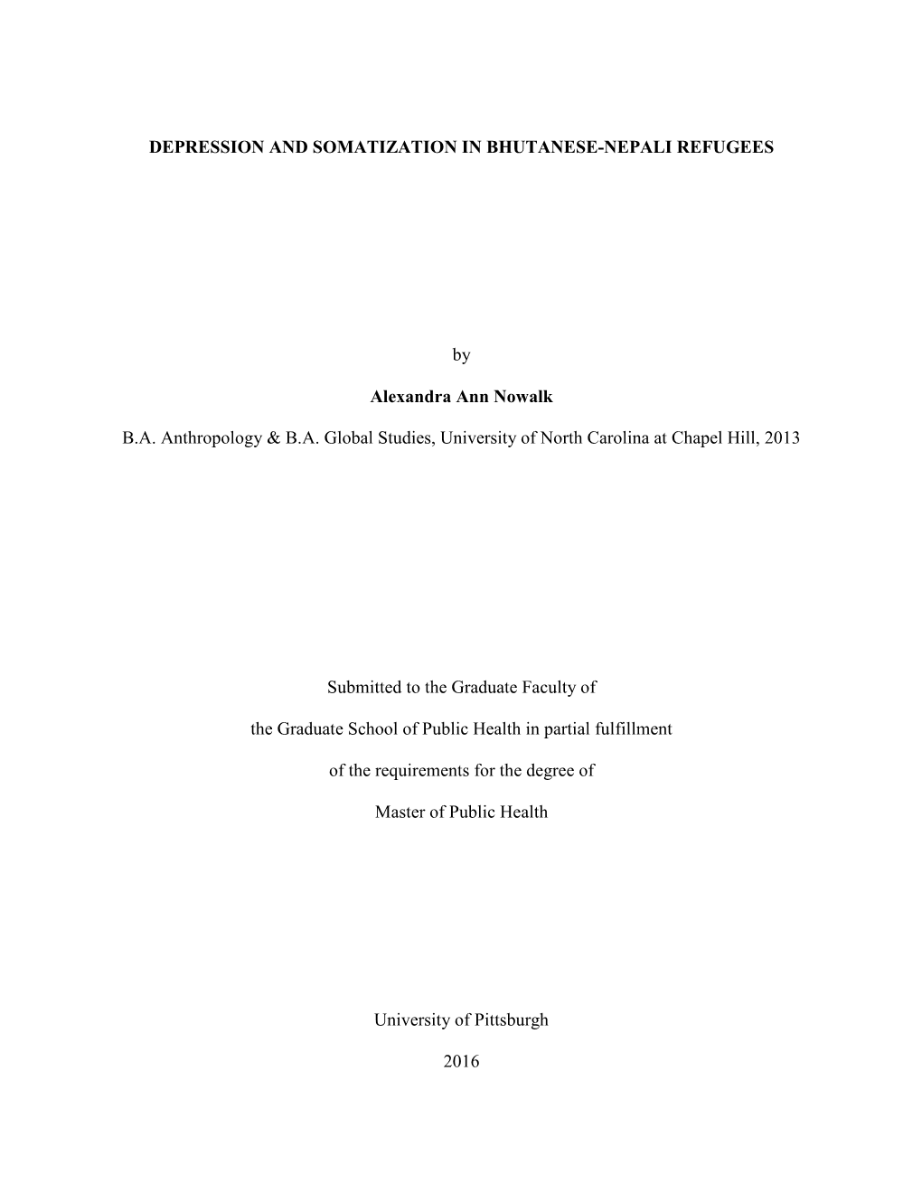 Depression and Somatization in Bhutanese-Nepali Refugees