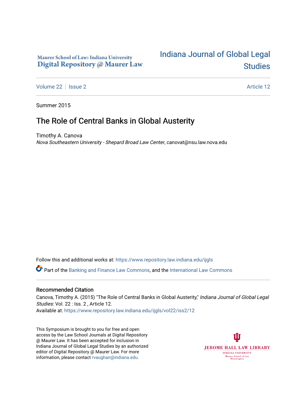 The Role of Central Banks in Global Austerity