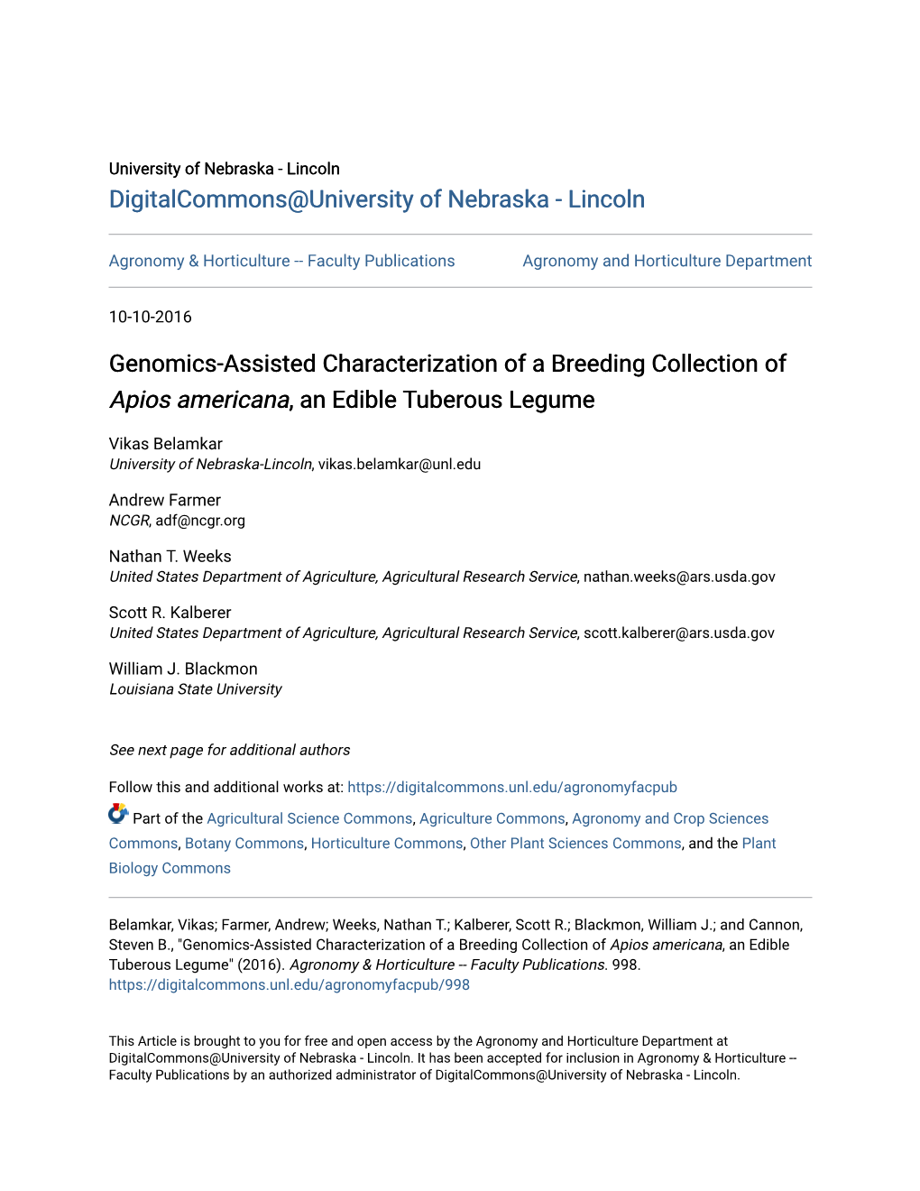 Genomics-Assisted Characterization of a Breeding Collection of Apios Americana, an Edible Tuberous Legume