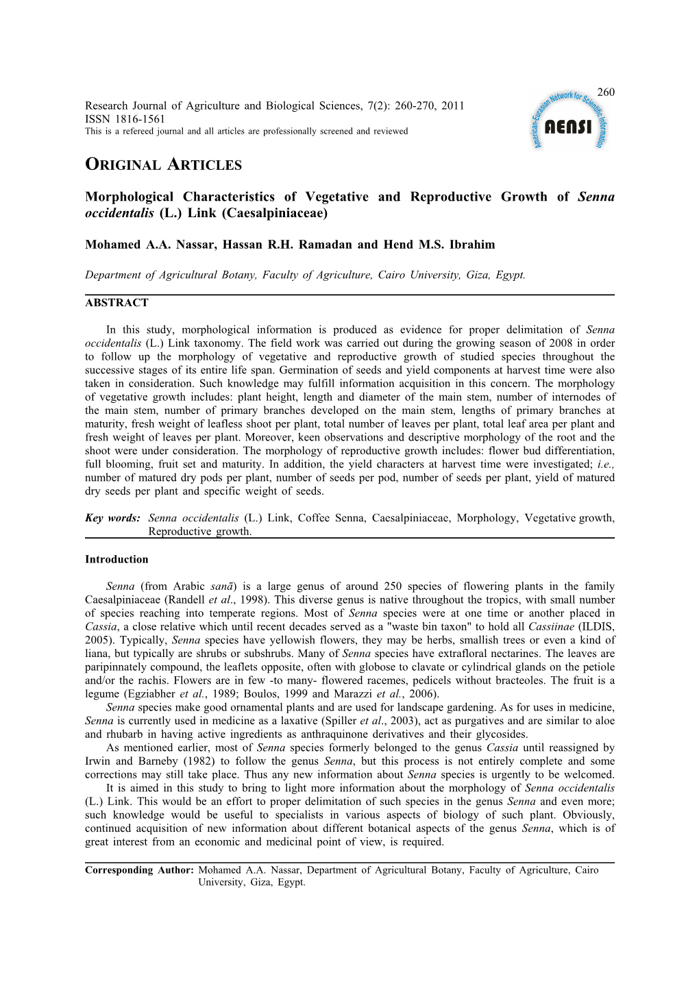 ORIGINAL ARTICLES Morphological Characteristics of Vegetative and Reproductive Growth of Senna Occidentalis (L.) Link (Caesalpin