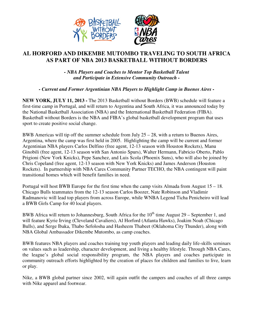 Al Horford and Dikembe Mutombo Traveling to South Africa As Part of Nba 2013 Basketball Without Borders