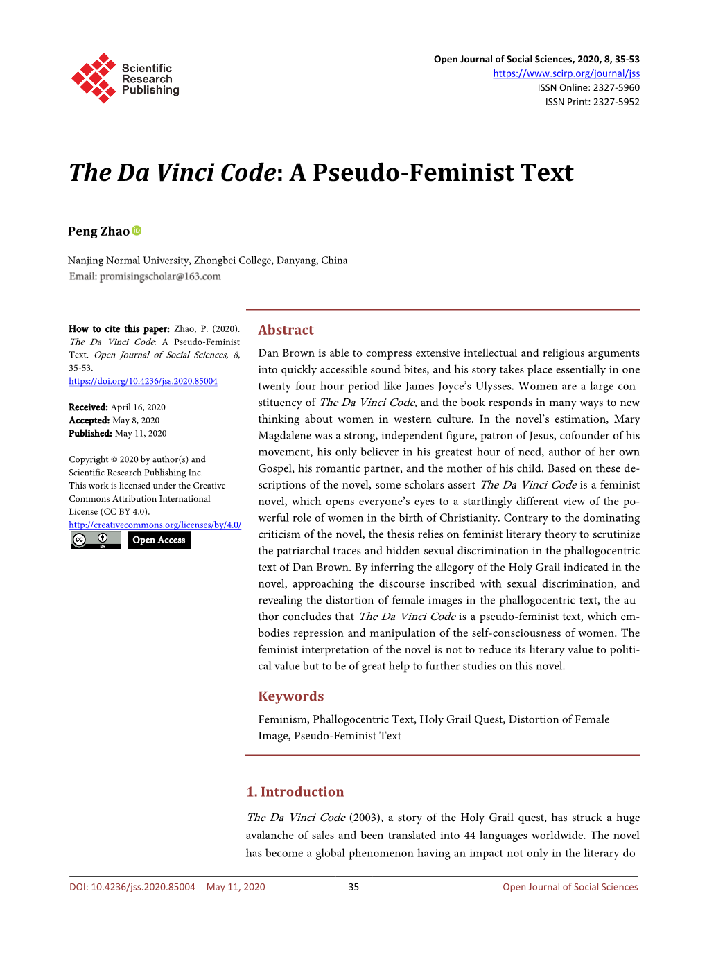 The Da Vinci Code: a Pseudo-Feminist Text