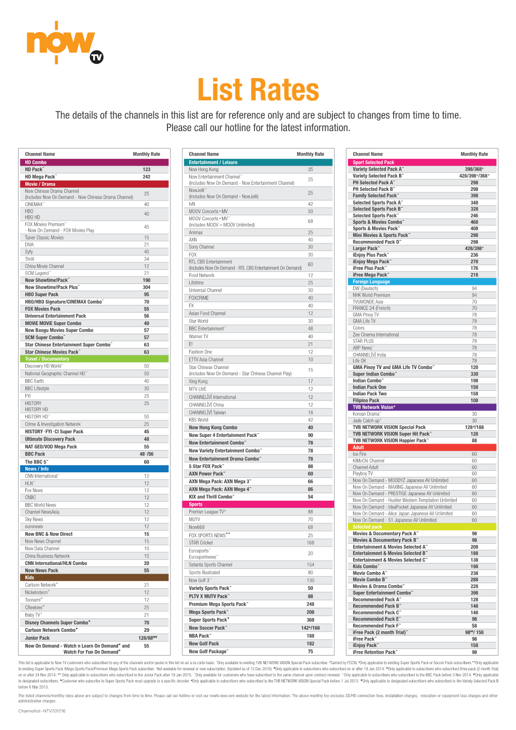 List Rates the Details of the Channels in This List Are for Reference Only and Are Subject to Changes from Time to Time