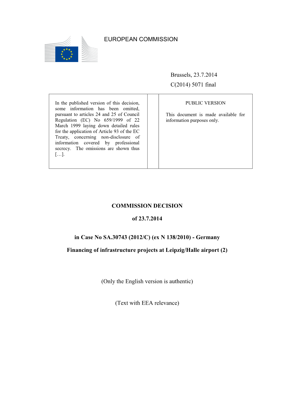 5071 Final COMMISSION DECISION of 23.7.2014 in Case No SA