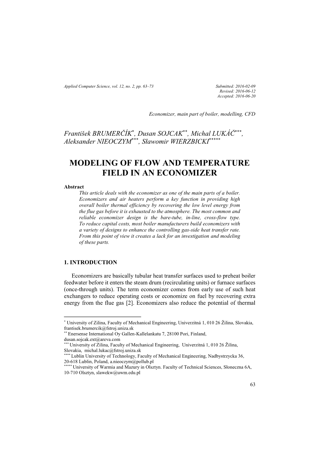 Modeling of Flow and Temperature Field in an Economizer