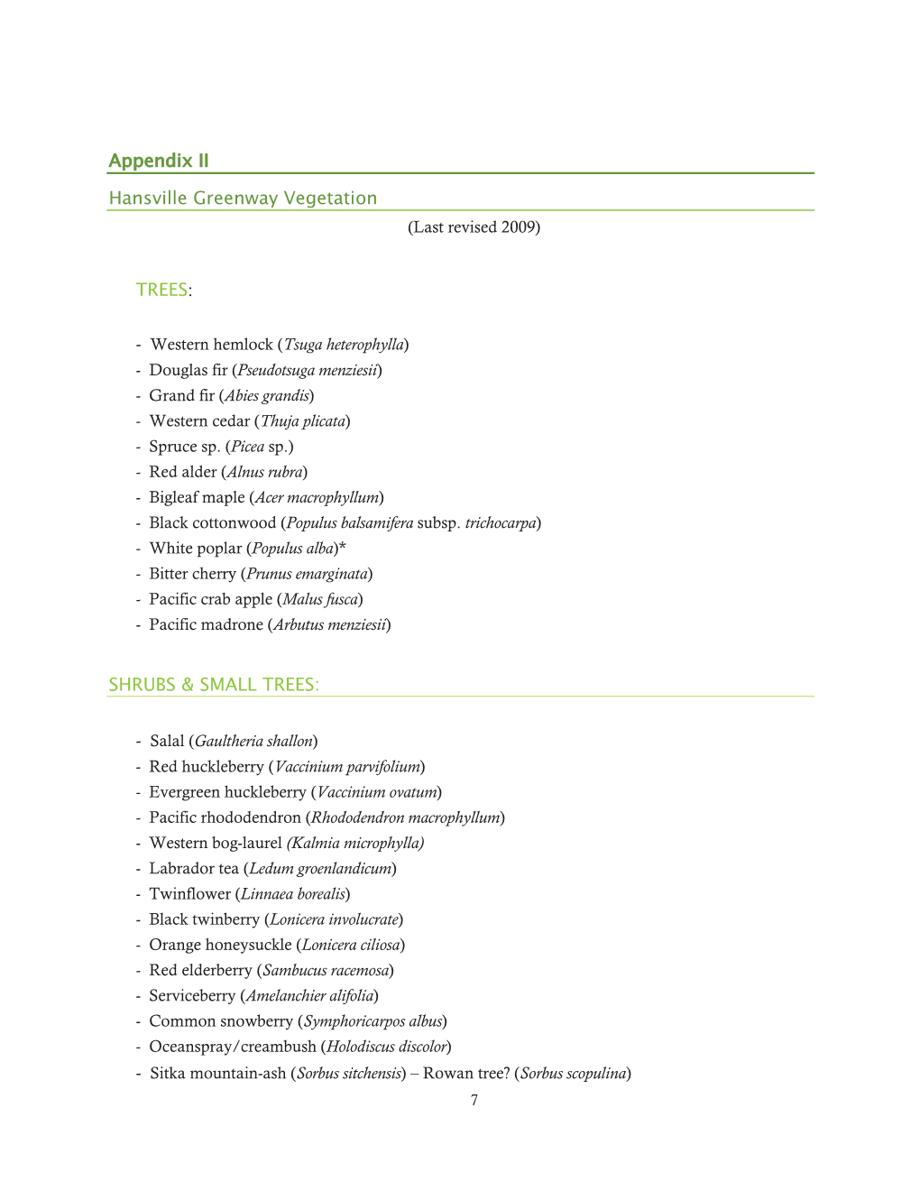 Appendix II Hansville Greenway Vegetation TREES: SHRUBS