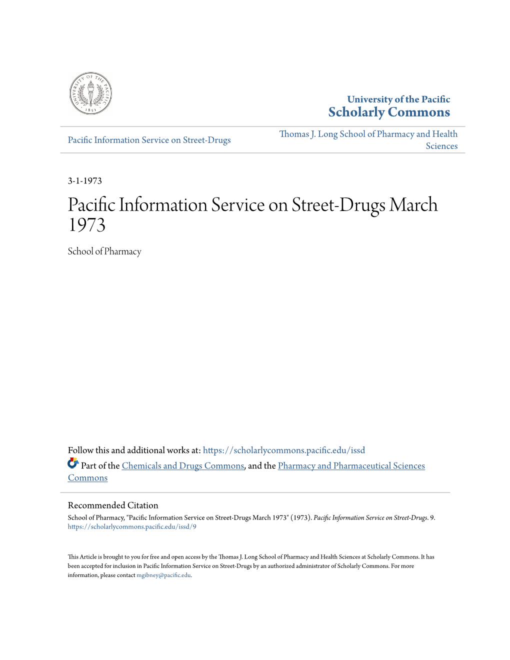 Pacific Information Service on Street-Drugs March 1973