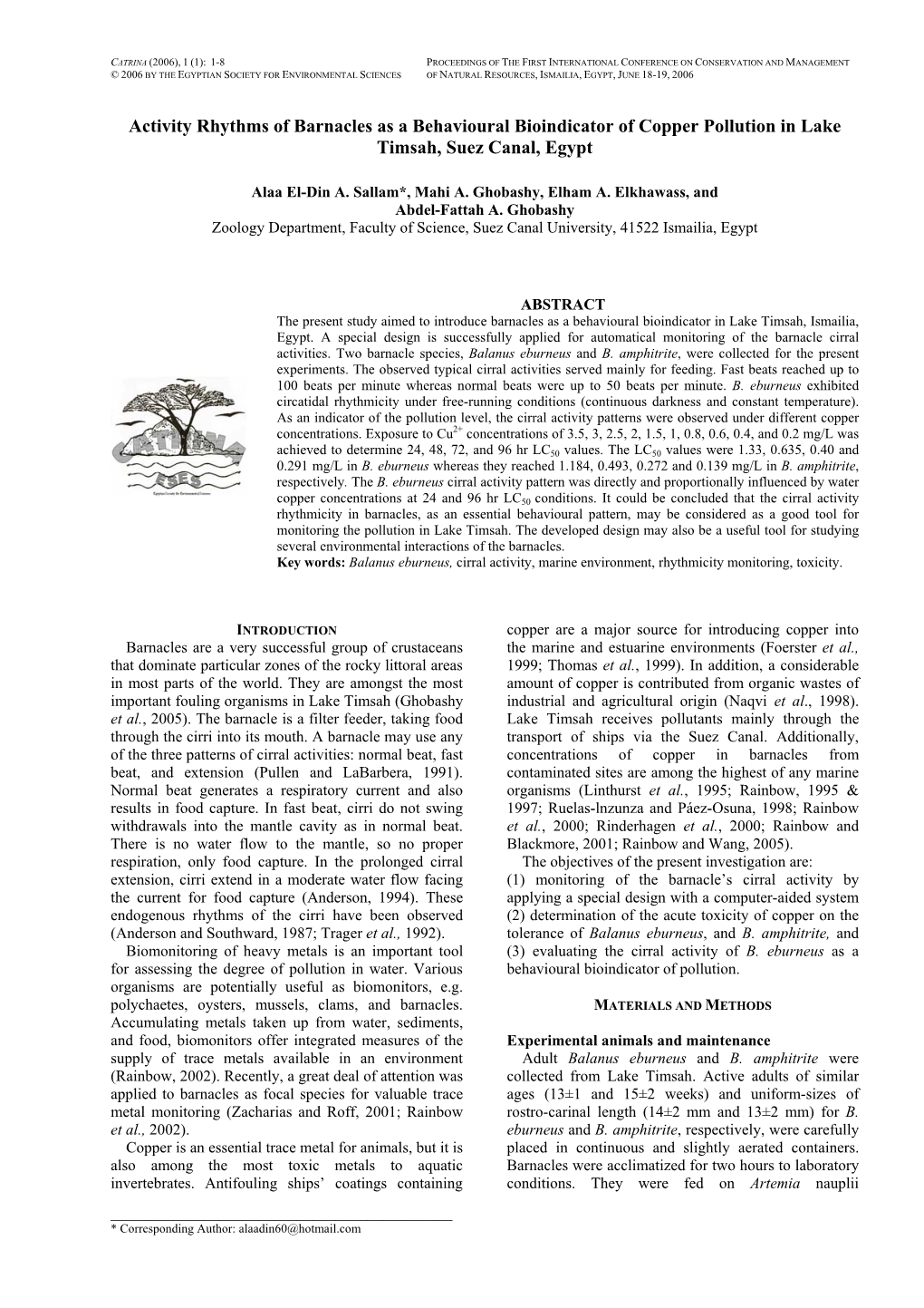 Activity Rhythms of Barnacles As a Behavioural Bioindicator of Copper Pollution in Lake Timsah, Suez Canal, Egypt