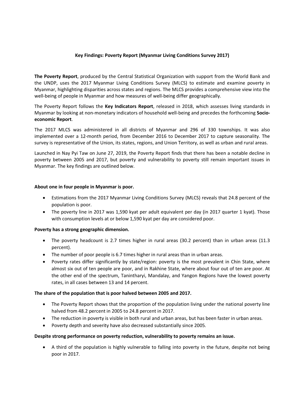 Key Findings: Poverty Report (Myanmar Living Conditions Survey 2017)