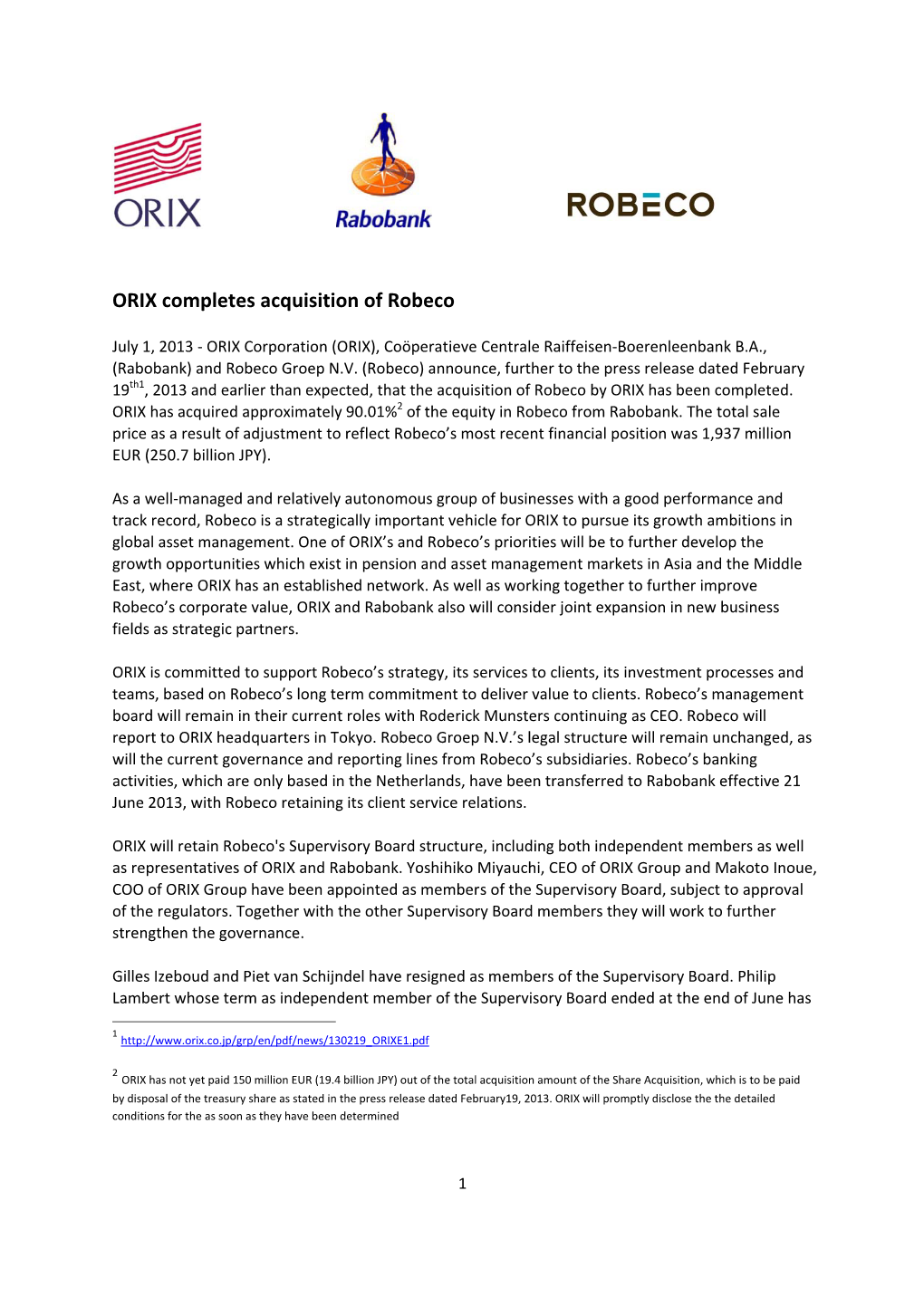 ORIX Completes Acquisition of Robeco