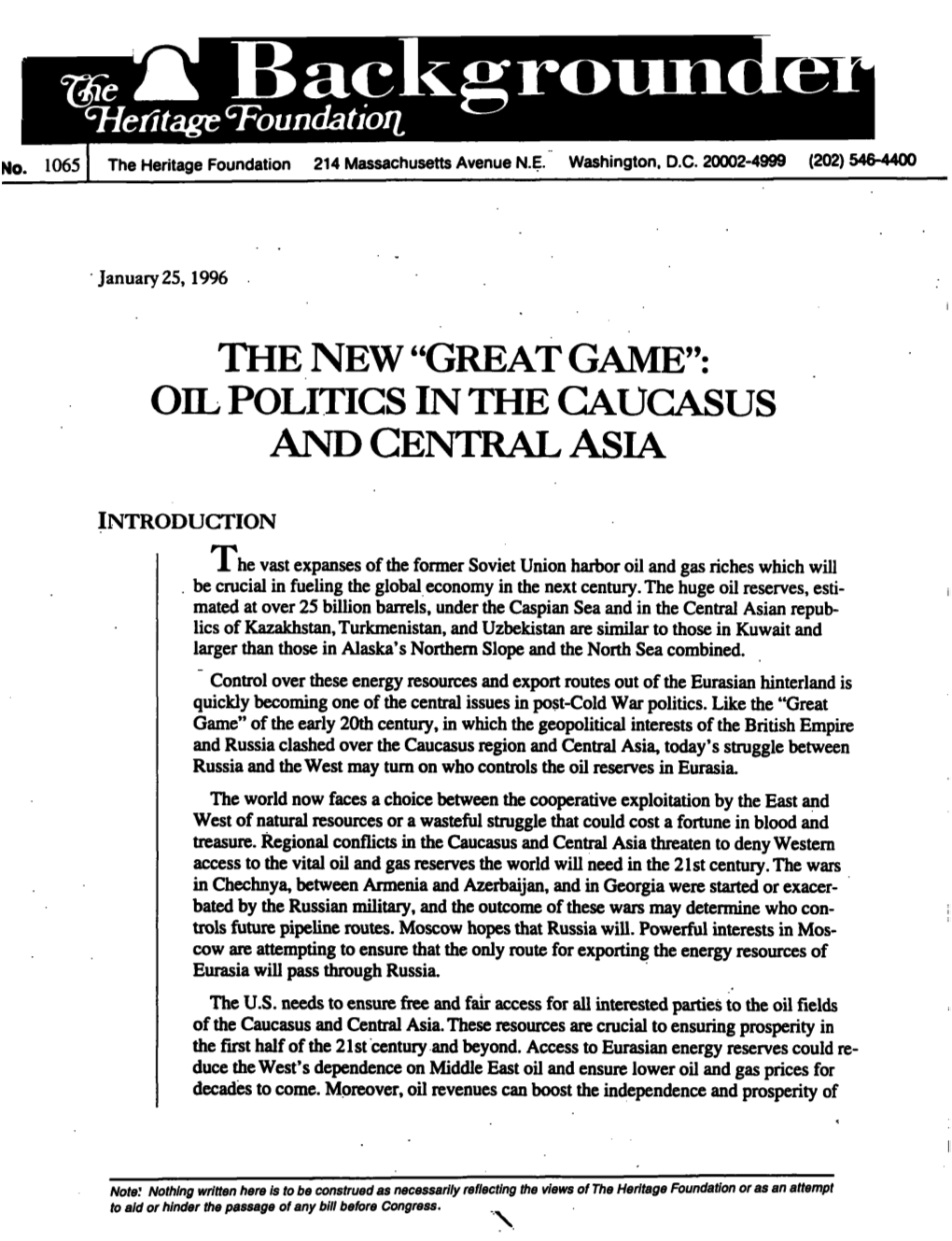The New “Great Game”: Oil Politics in the C.Aijc.Asus and Central Asia