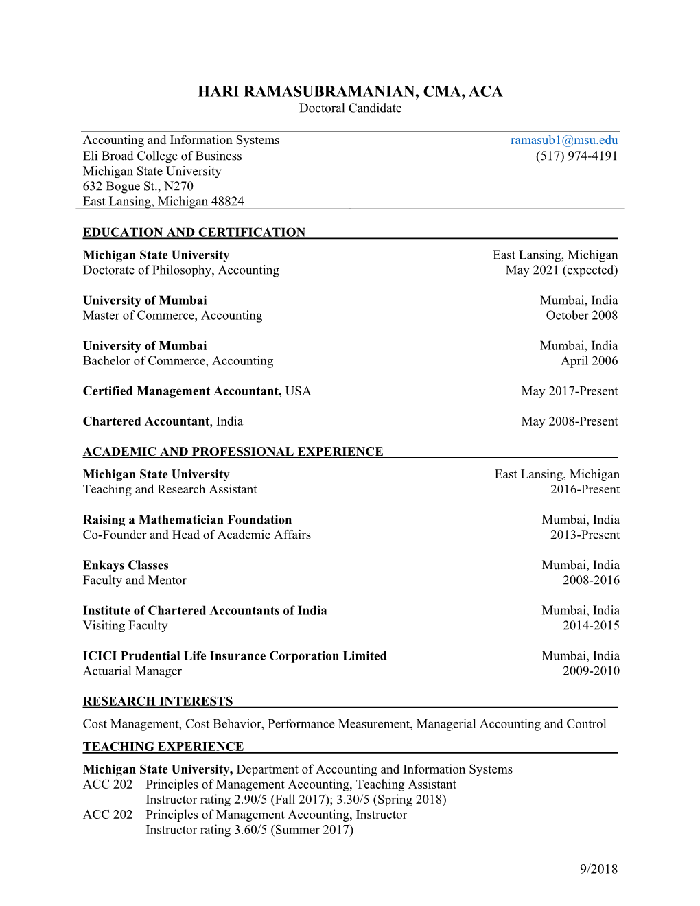 HARI RAMASUBRAMANIAN, CMA, ACA Doctoral Candidate