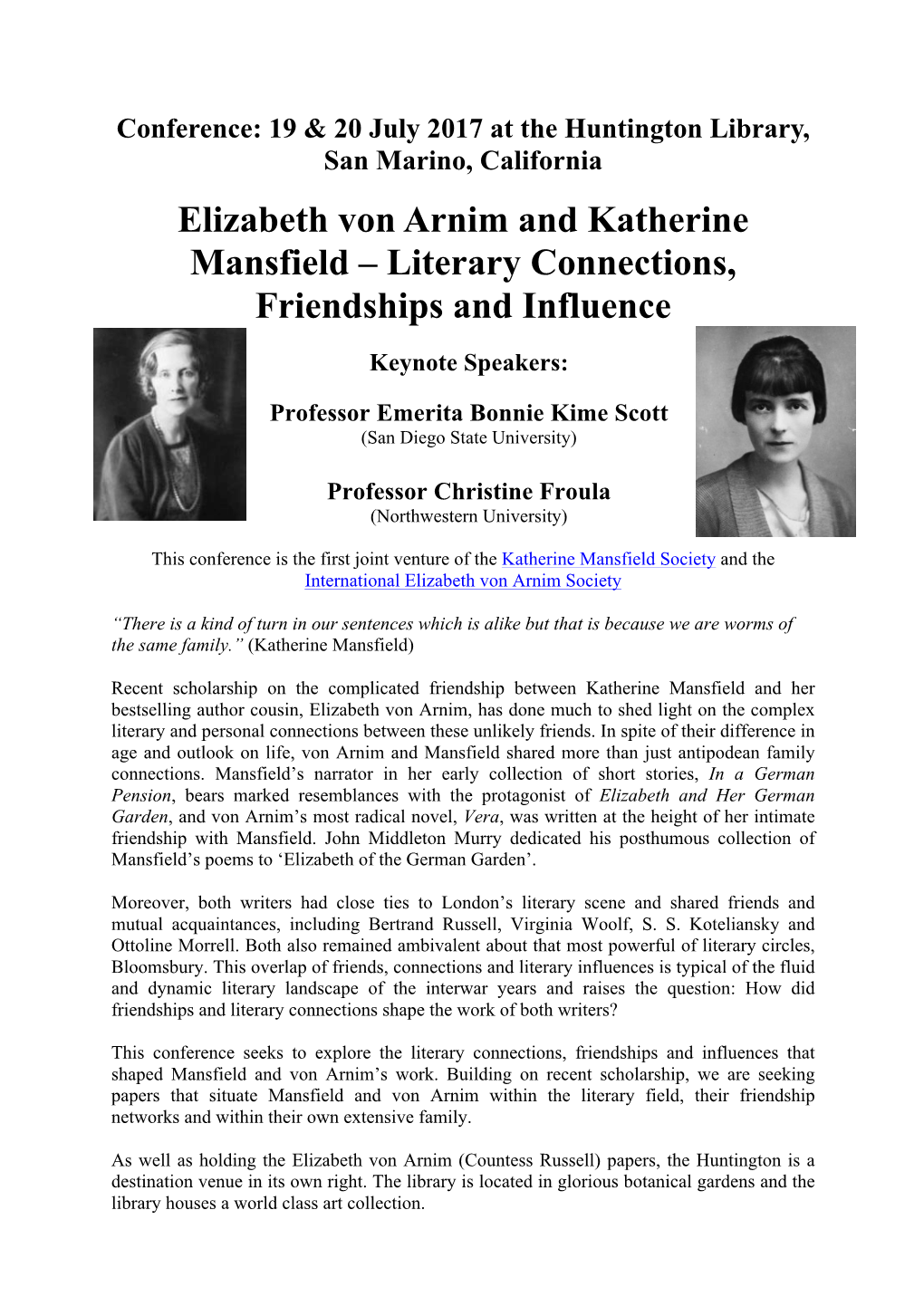 Elizabeth Von Arnim and Katherine Mansfield – Literary Connections, Friendships and Influence