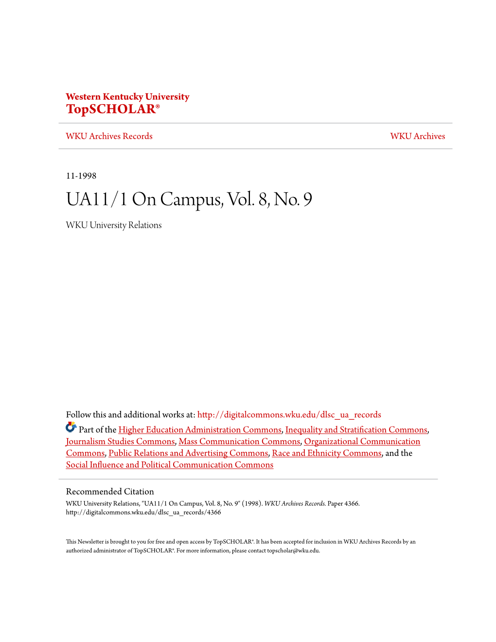 UA11/1 on Campus, Vol. 8, No. 9 WKU University Relations