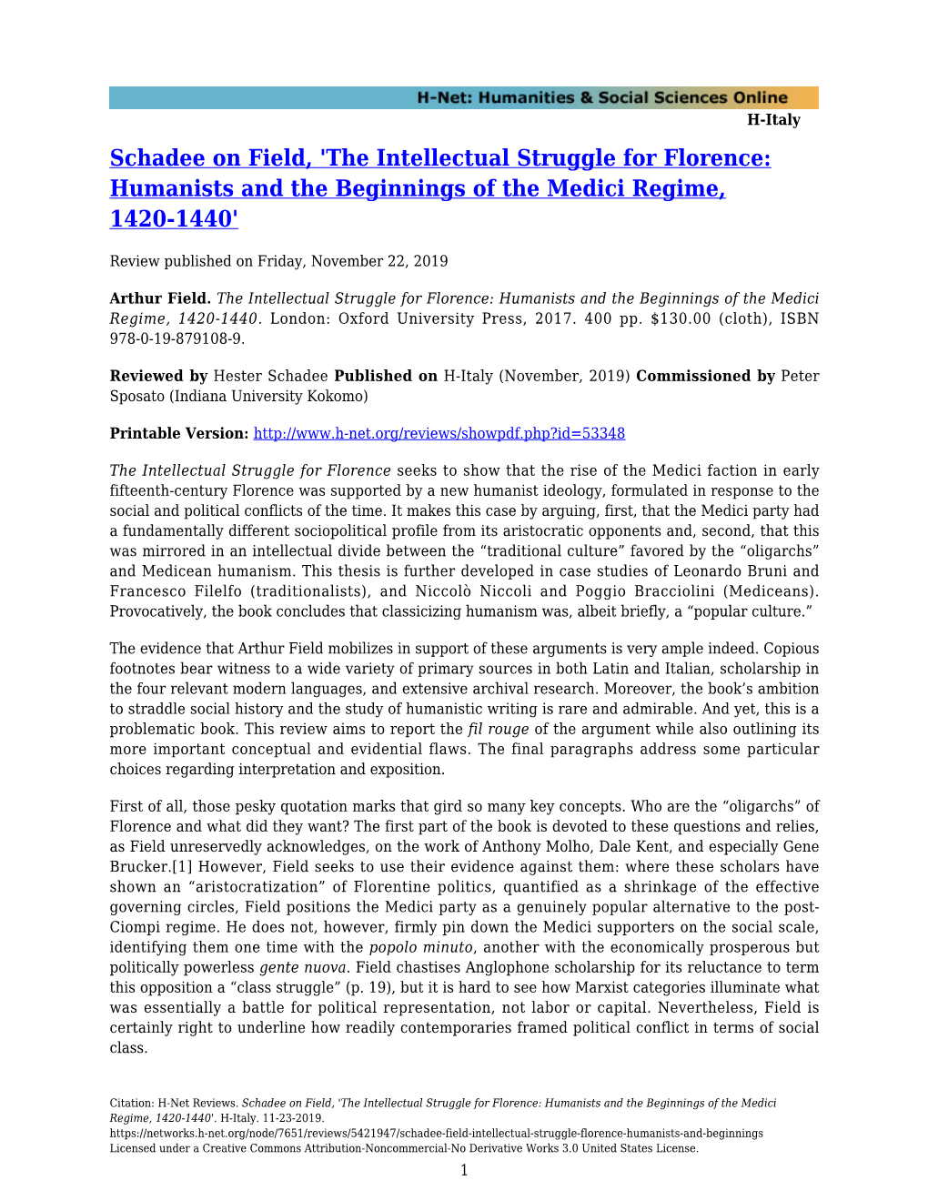 Schadee on Field, 'The Intellectual Struggle for Florence: Humanists and the Beginnings of the Medici Regime, 1420-1440'