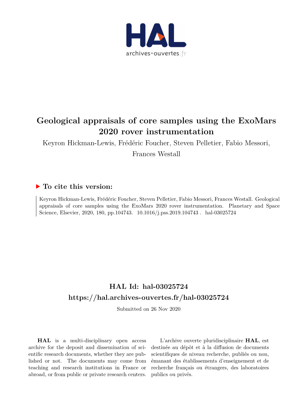 Geological Appraisals of Core Samples Using the Exomars 2020 Rover