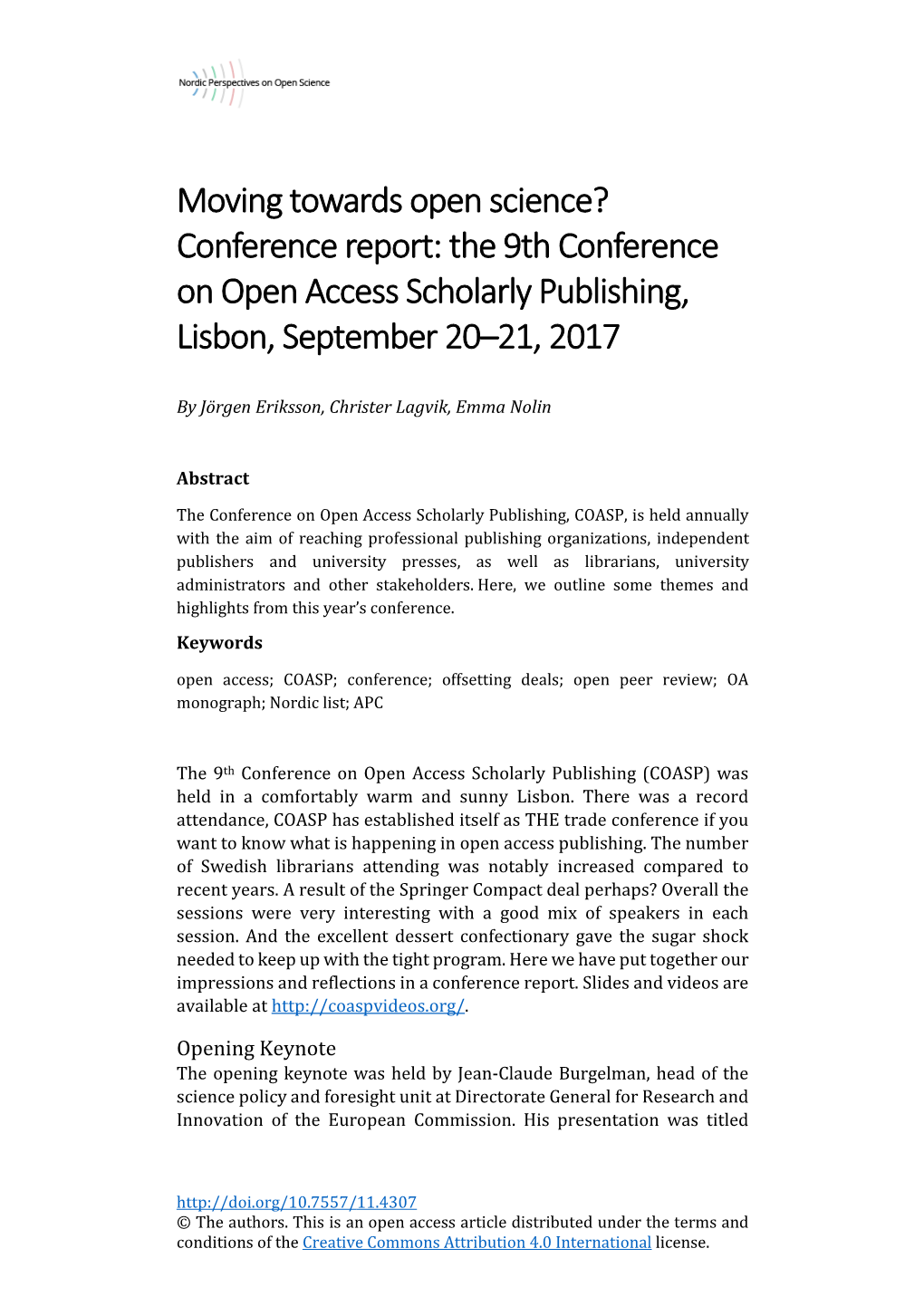 Moving Towards Open Science? Conference Report: the 9Th Conference on Open Access Scholarly Publishing, Lisbon, September 20–21, 2017