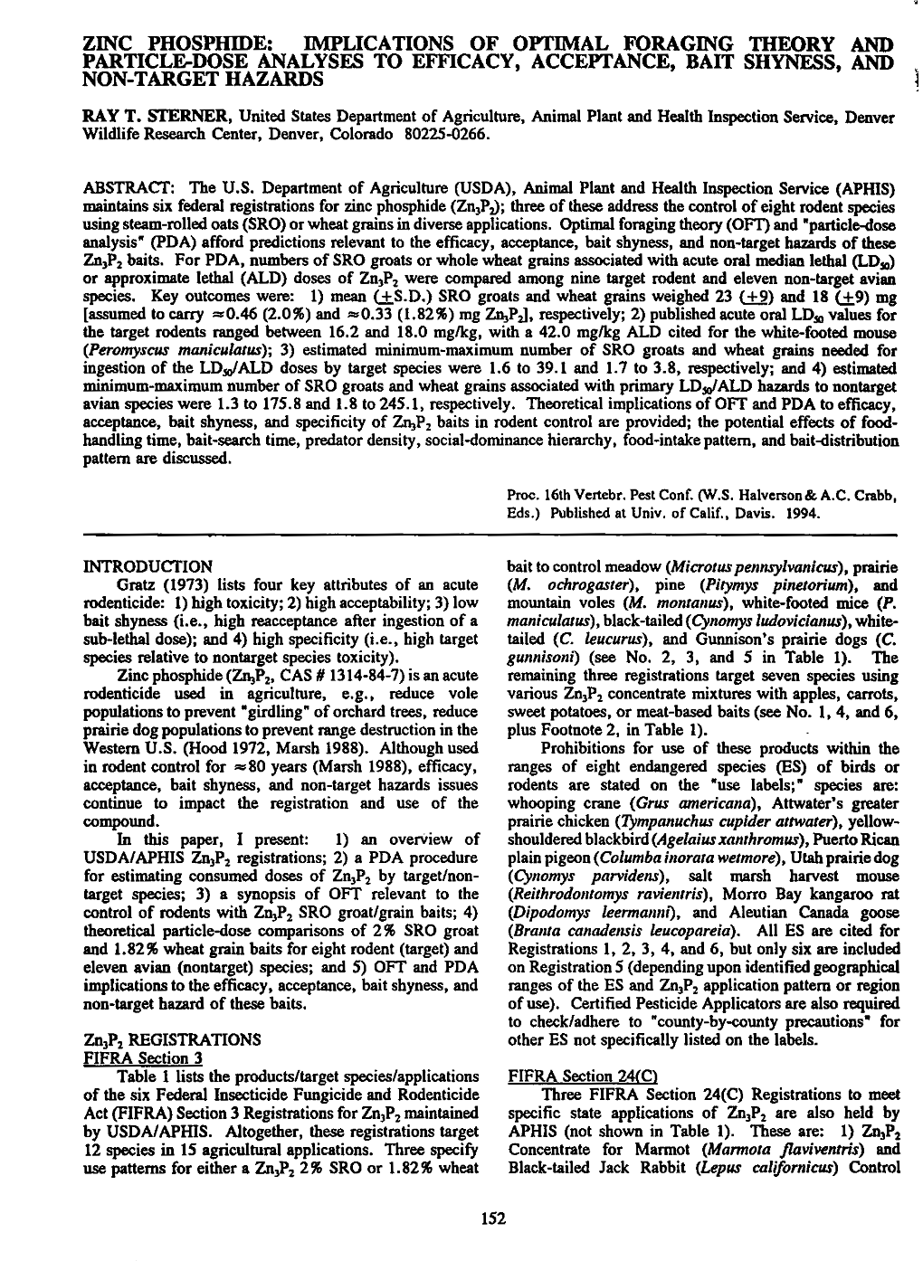 Zinc Phosphide: Implications of Optimal Foraging Theory and Particle-Dose Analyses to Efficacy, Acceptance, Bait Shyness, and Non-Target Hazards