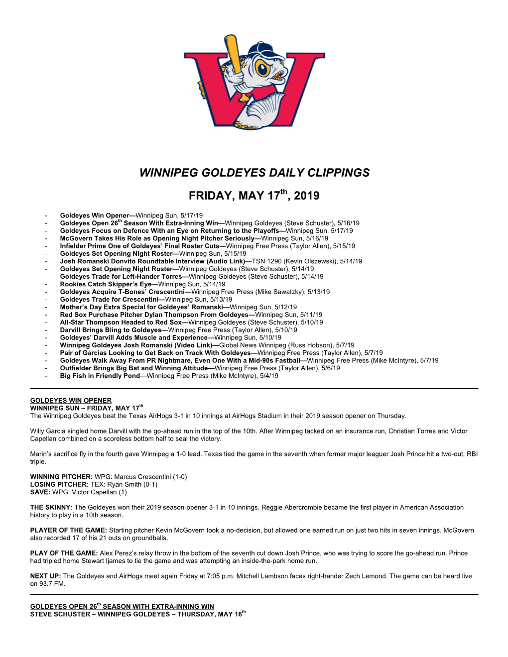 Winnipeg Goldeyes Daily Clippings Friday, May 17 , 2019