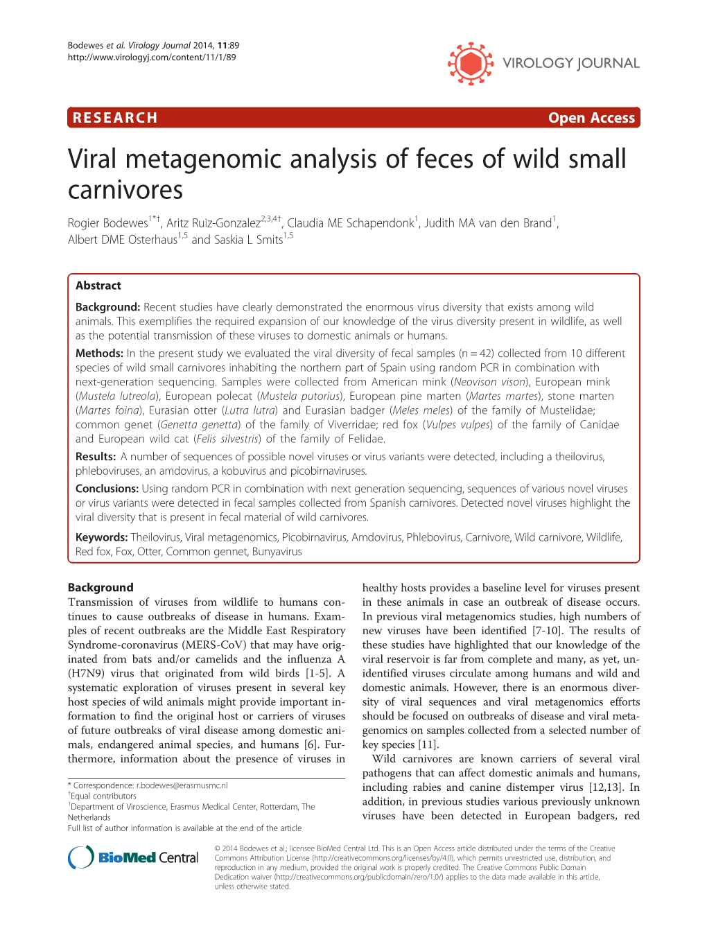 Viral Metagenomic Analysis of Feces of Wild Small Carnivores