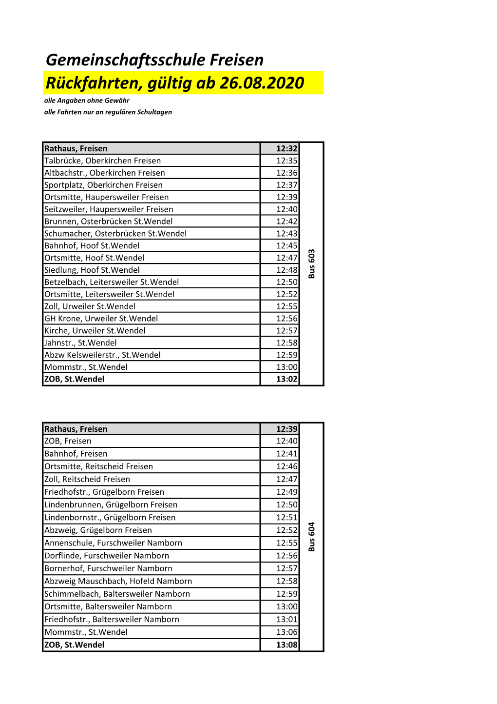 Gemeinschaftsschule Freisen Rückfahrten, Gültig Ab 26.08.2020 Alle Angaben Ohne Gewähr Alle Fahrten Nur an Regulären Schultagen