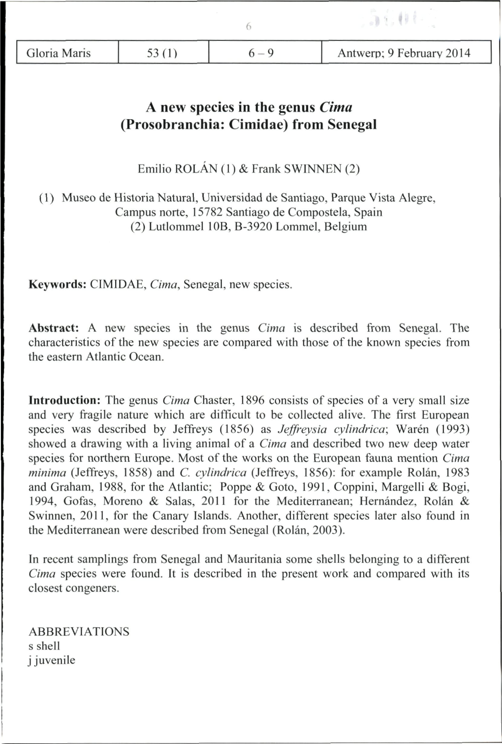 A New Species in the Genus Cima (Prosobrancliia: Cimidae) from Senegal