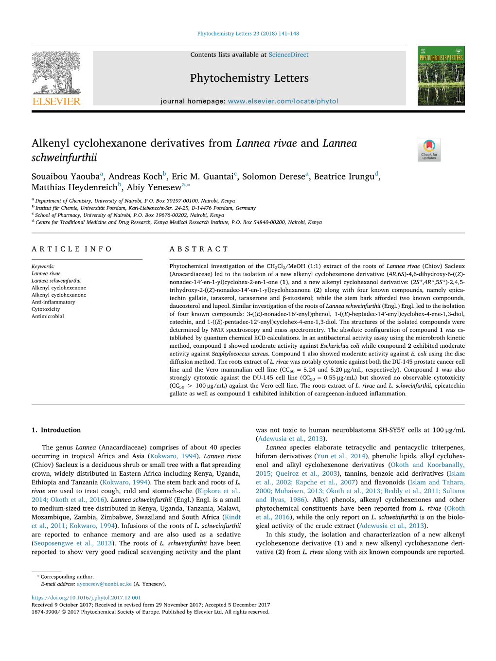 Alkenyl Cyclohexanone Derivatives from Lannea Rivae and Lannea T Schweinfurthii