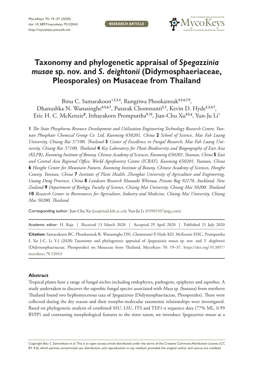 Taxonomy and Phylogenetic Appraisal of Spegazzinia Musae Sp