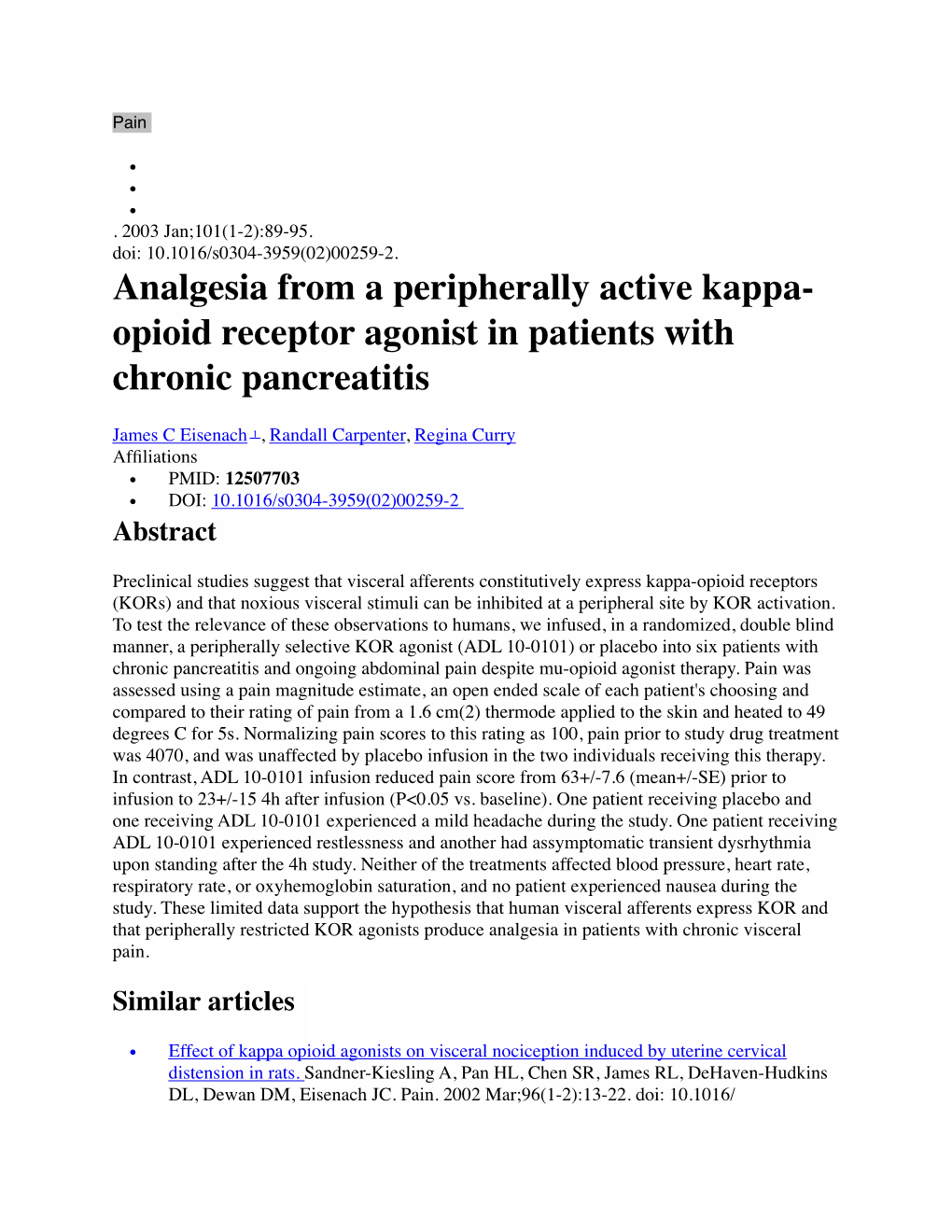 Analgesia from a Peripherally Active Kappa-Opioid