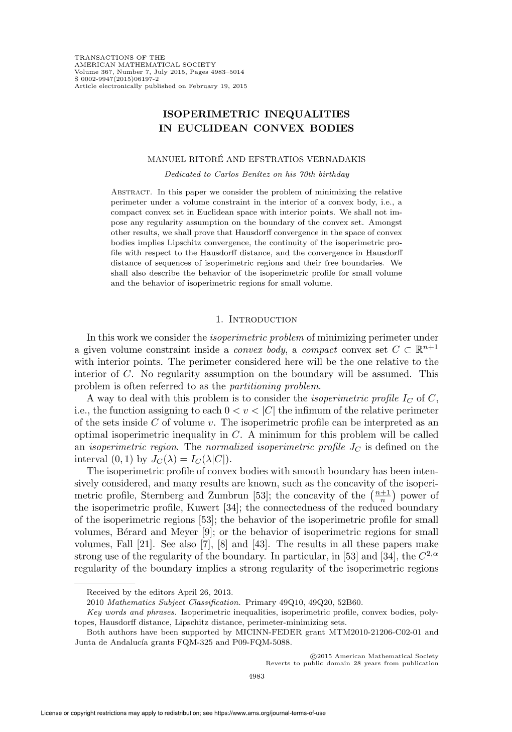 Isoperimetric Inequalities in Euclidean Convex Bodies