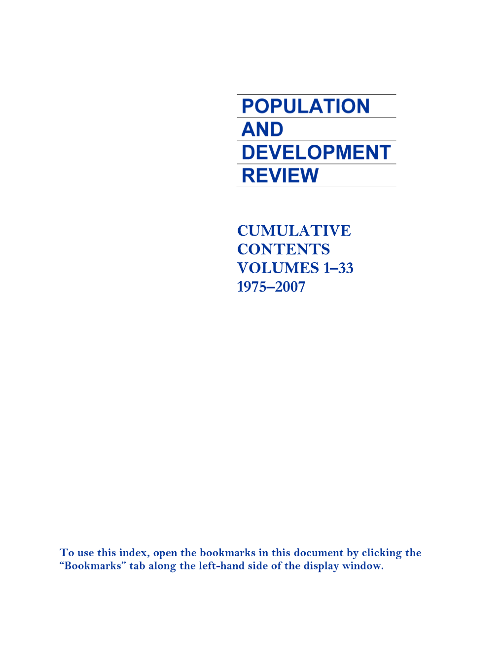 Population and Development Review Cumulative Index