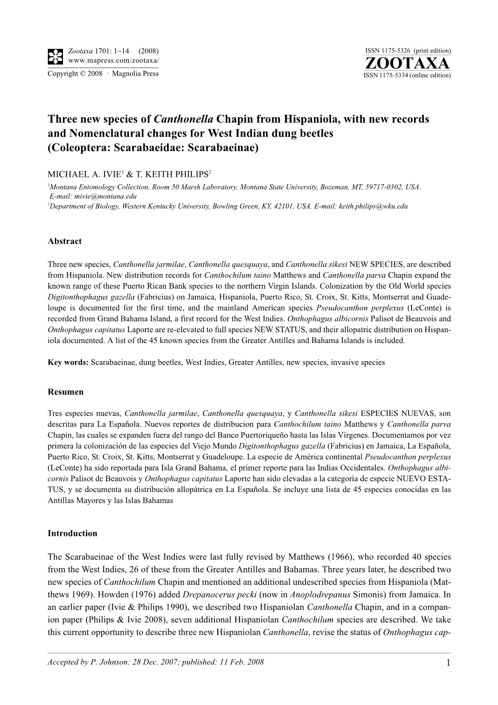 Zootaxa 1701: 1–14 (2008) ISSN 1175-5326 (Print Edition) ZOOTAXA Copyright © 2008 · Magnolia Press ISSN 1175-5334 (Online Edition)