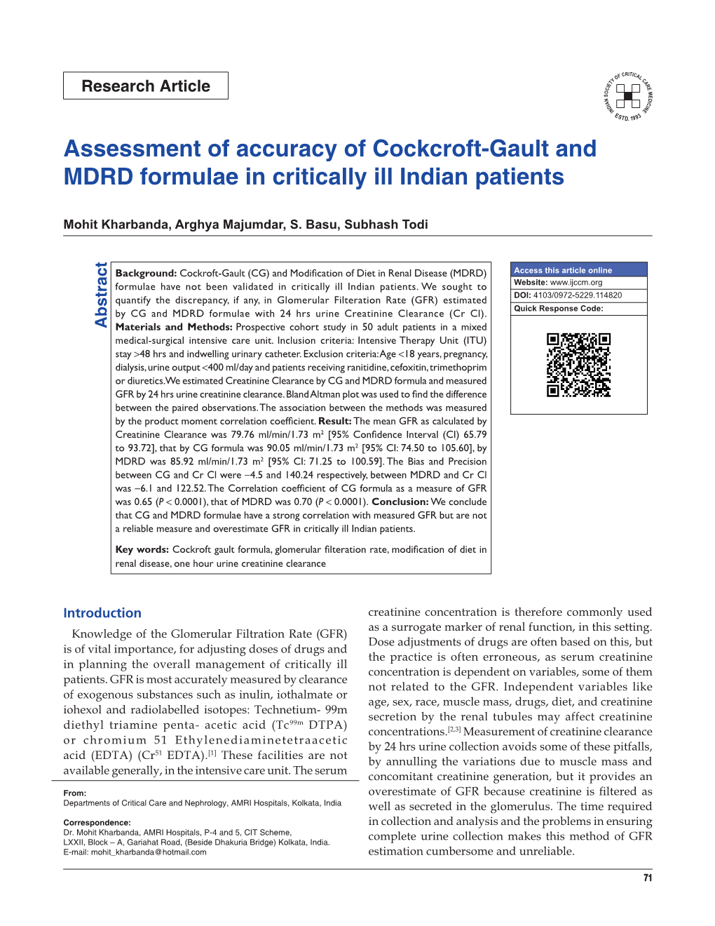 Assessment of Accuracy of Cockcroft-Gault and MDRD