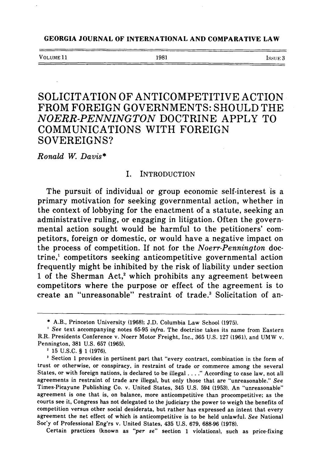 SHOULD the NOERR-PENNINGTON DOCTRINE APPLY to COMMUNICATIONS with FOREIGN SOVEREIGNS? Ronald W