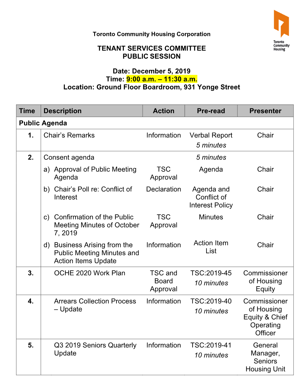 TENANT SERVICES COMMITTEE PUBLIC SESSION Date: December 5, 2019 Time: 9:00 A.M. – 11:30 A.M. Location: Ground Floor Boardroom