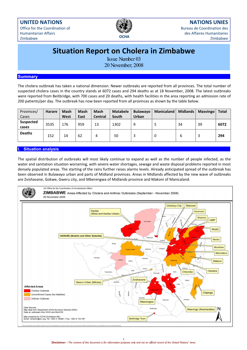 Situation Report on Cholera in Zimbabwe Issue Number 03 20 November; 2008
