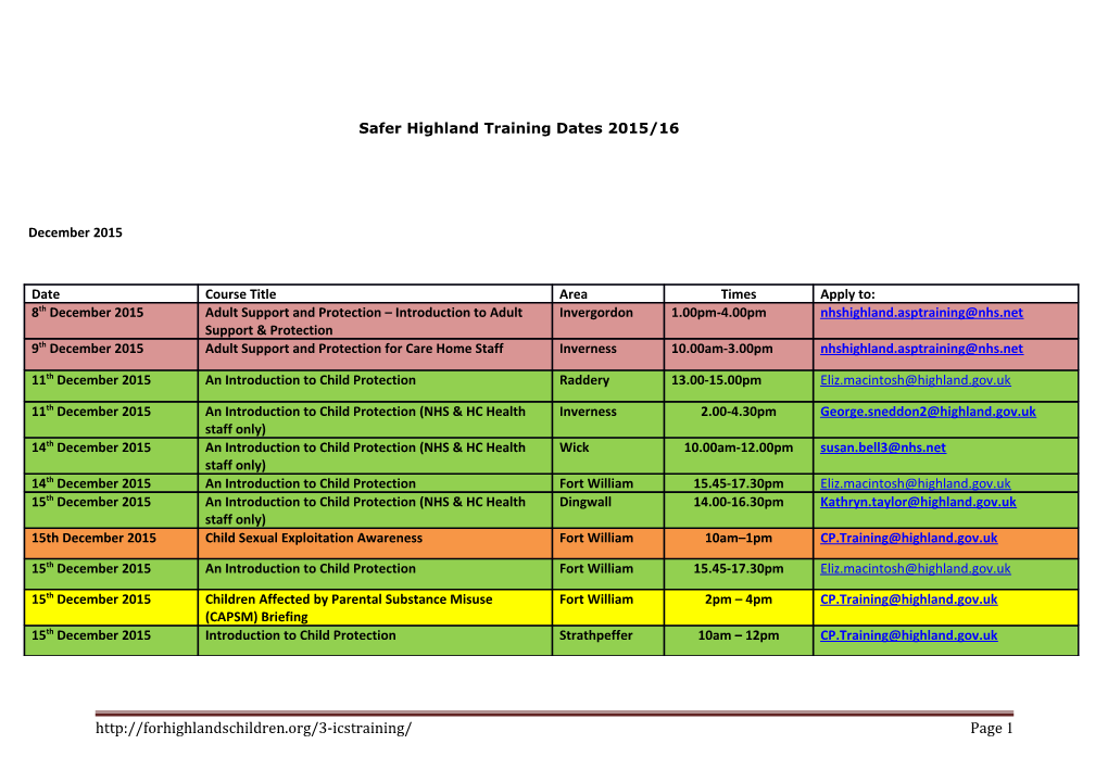 Safer Highland Training Dates 2014/15