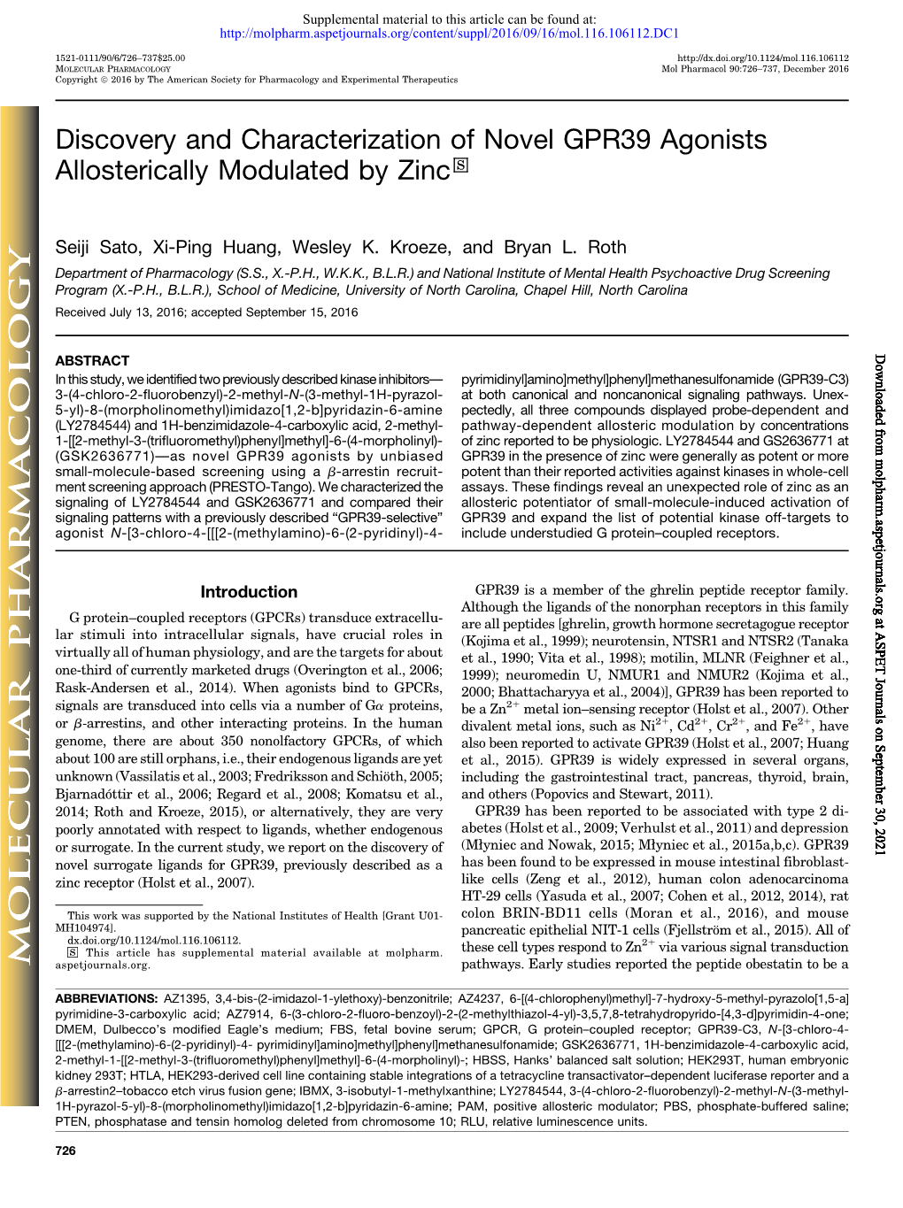 Discovery and Characterization of Novel GPR39 Agonists Allosterically Modulated by Zinc S