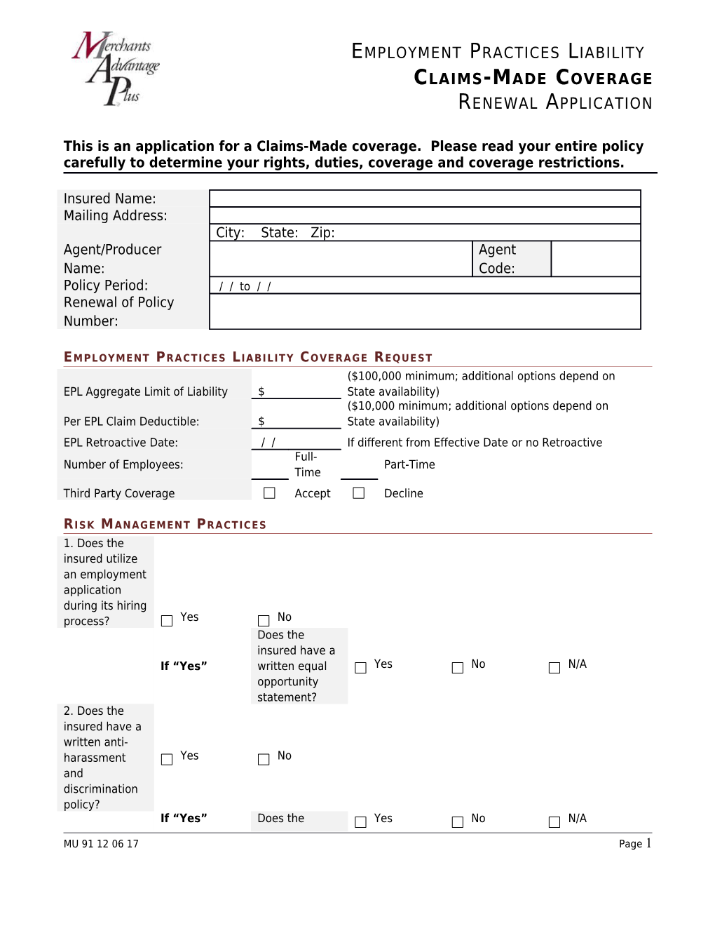 Employment Practices Liability Coverage Request